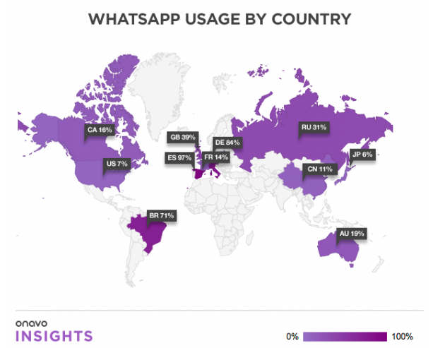 Mapa - Uso de WhatsApp en el mundo. Fuente: Onavo Insights