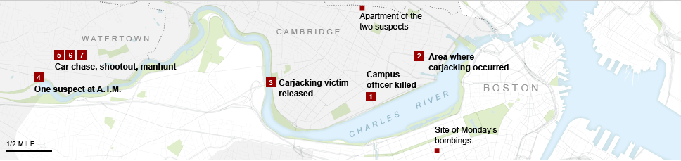 Mapa: Persecución policial en Boston. Fuente: NY Times